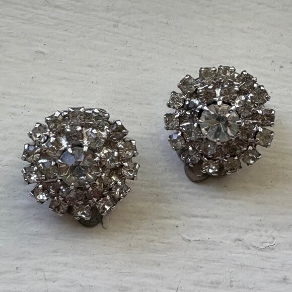 Round Clip-On Earrings with Clear Rhinestones - Picture 1 of 6